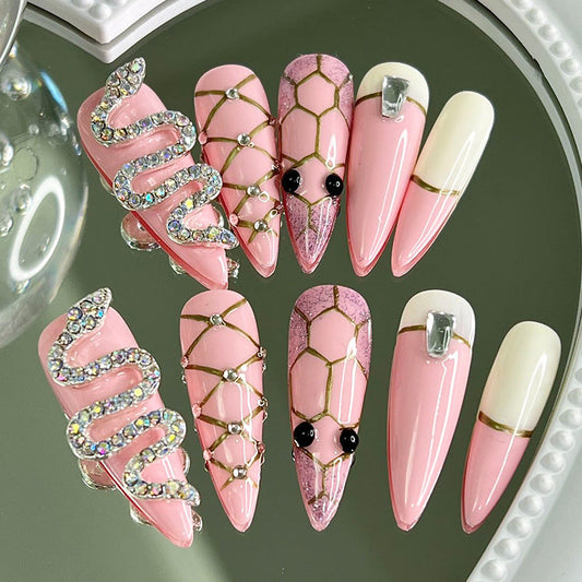 Designer: MeowMeow.2968 Handmade Nail Designs Press on Nails DIY  Nail Art for woman girl Almond Long pink