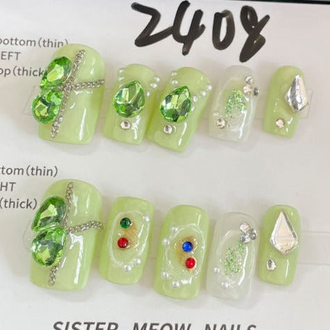 Designer: MeowMeow.Handmade Nail Designs Press on Nails DIY  Nail Art for woman girl Long Square green rhinestone