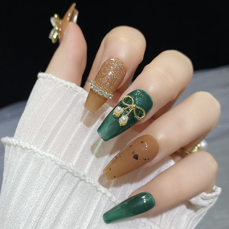 Designer: HuaHua.Handmade nails Press on Nails DIY Nail Art for woman girl Long Coffin green brown