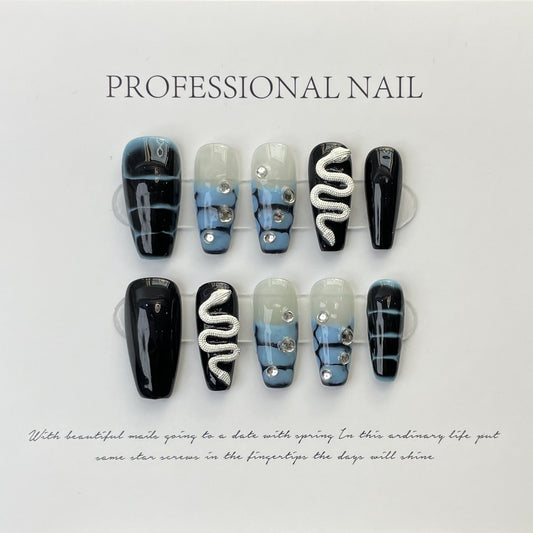 Designer: ManMan Handmade nails Press on Nails DIY Nail Art for woman girl Long Coffin blue black