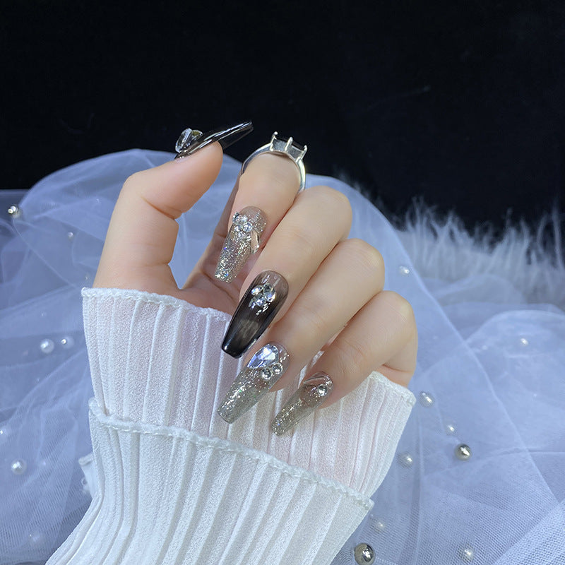 Designer: HuaHua.Handmade nails Press on Nails DIY Nail Art for woman girl Long Coffin black gray