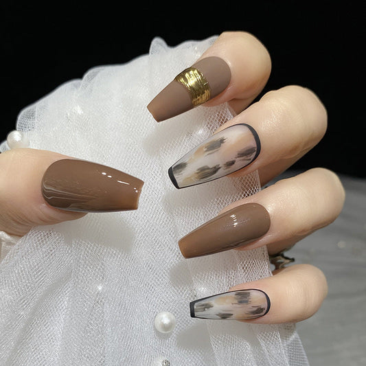 Designer: HuaHua.Handmade nails Press on Nails DIY Nail Art for woman girl brown Long Coffin