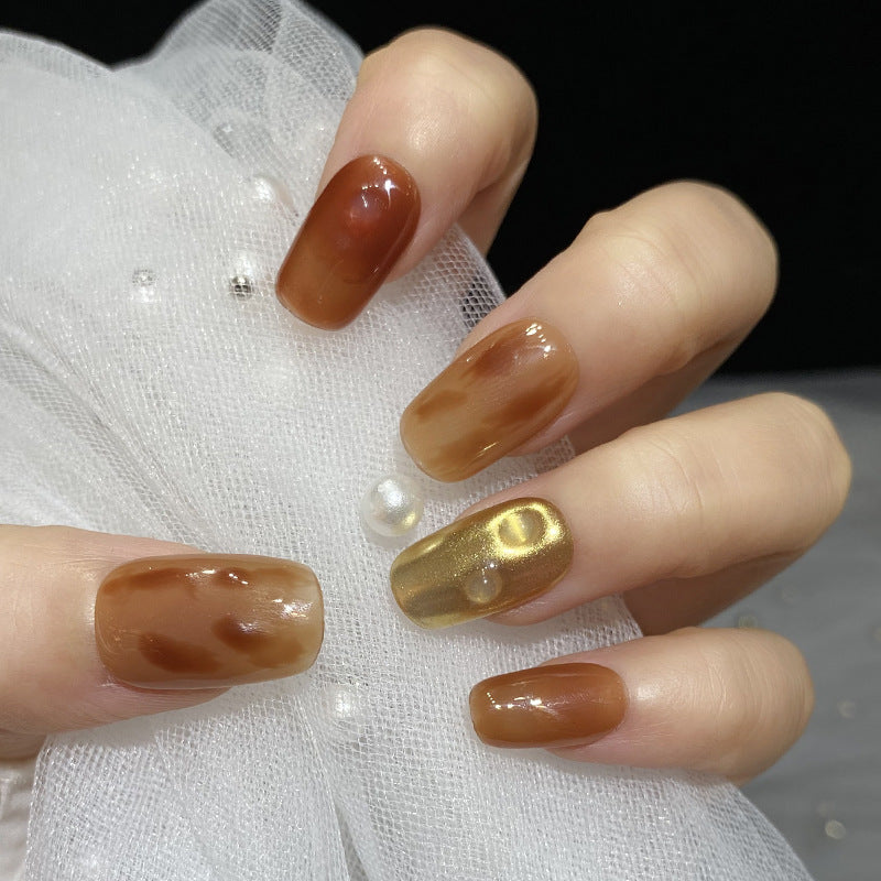 Designer: HuaHua.Handmade nails Press on Nails DIY Nail Art for woman girl Short Square brown