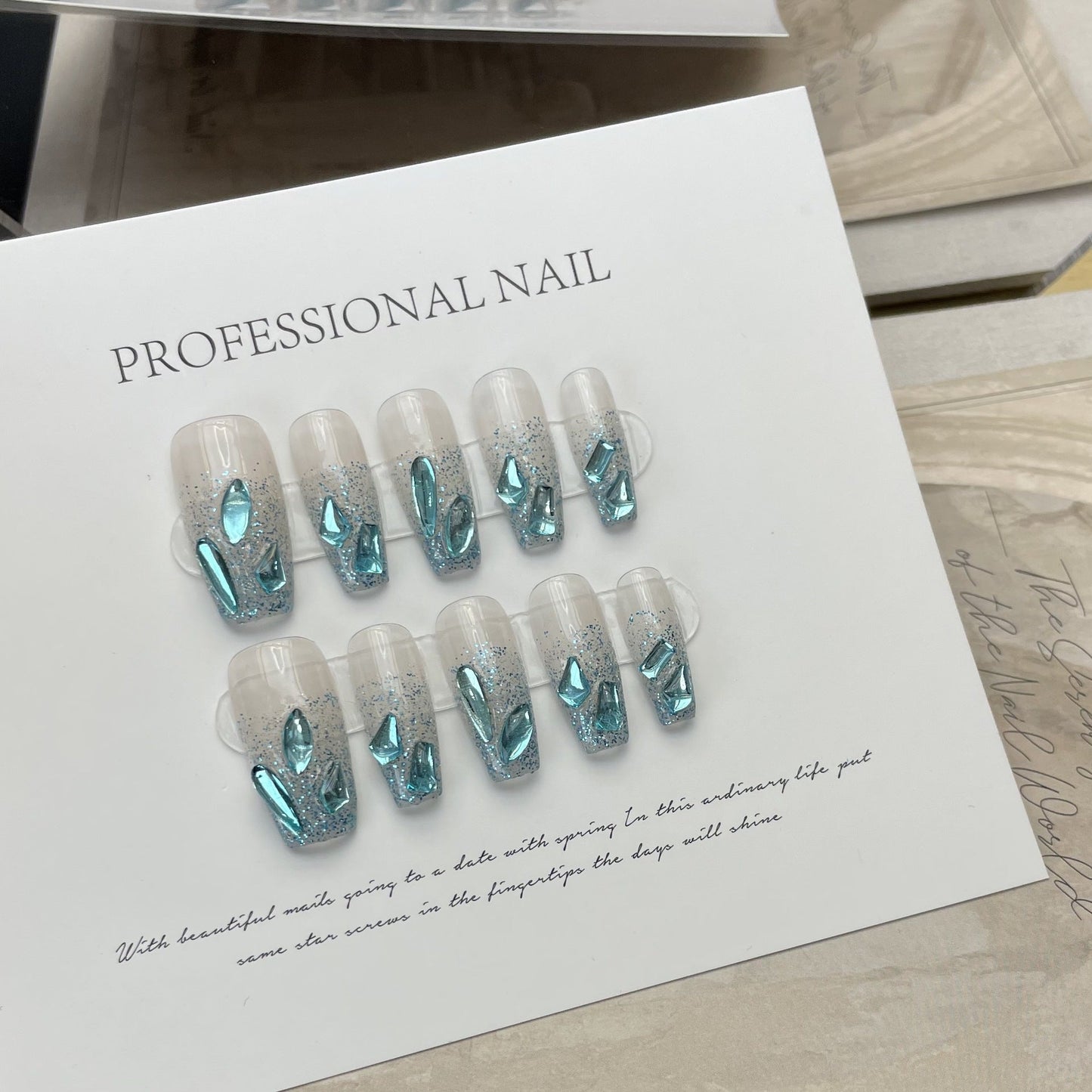 Designer: ManMan Handmade nails Press on Nails DIY Nail Art for woman girl Long Coffin blue