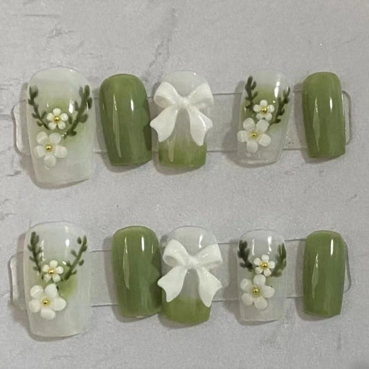 Designer: MeowMeow.Handmade Nail Designs Press on Nails DIY  Nail Art for woman girl Long Square green