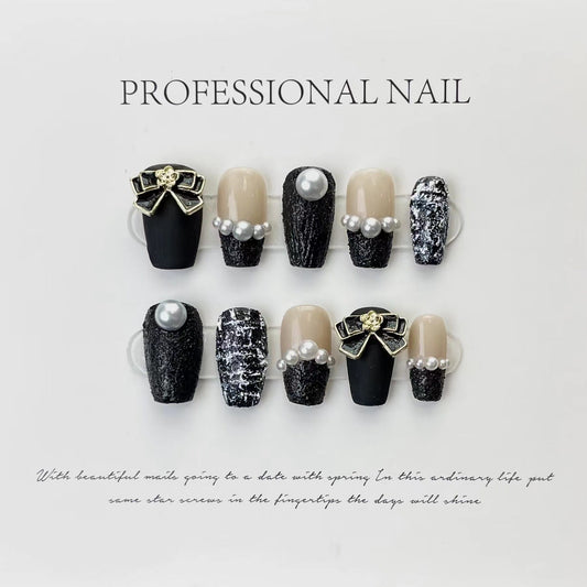 Designer: ManMan Handmade nails Press on Nails DIY Nail Art for woman girl Long Coffin black