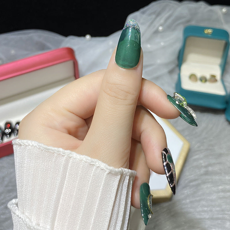 Designer: HuaHua.Handmade nails Press on Nails DIY Nail Art for woman girl Almond Long green