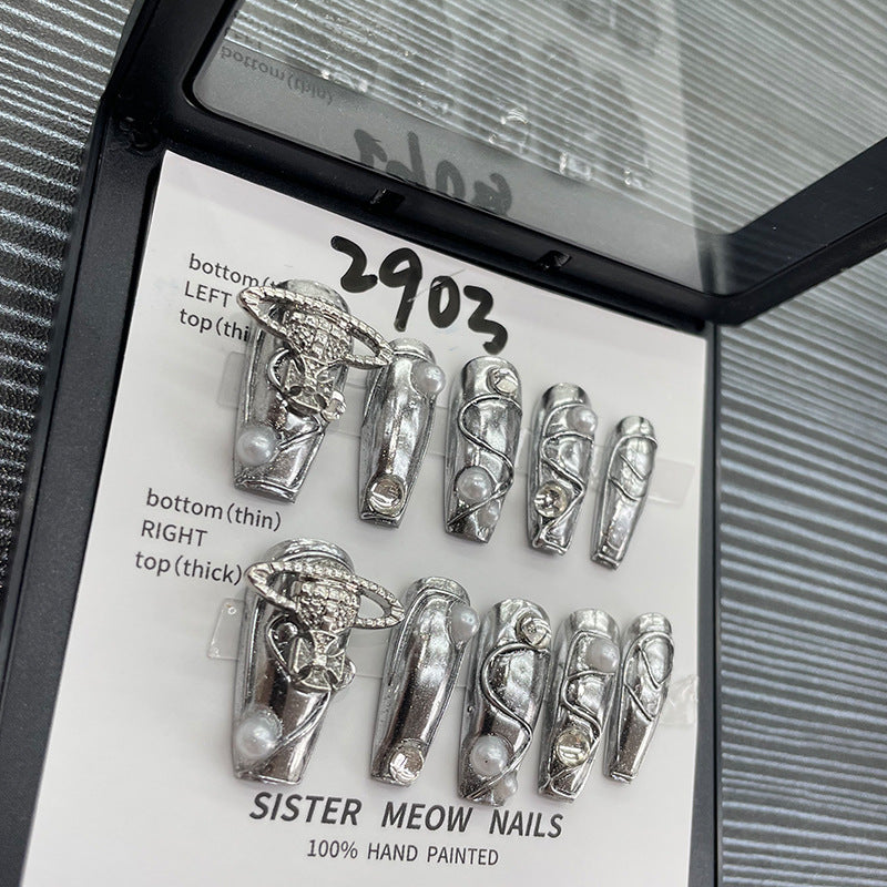 Designer: MeowMeow.Handmade Nail Designs Press on Nails DIY  Nail Art for woman girl Long Coffin silver Metal