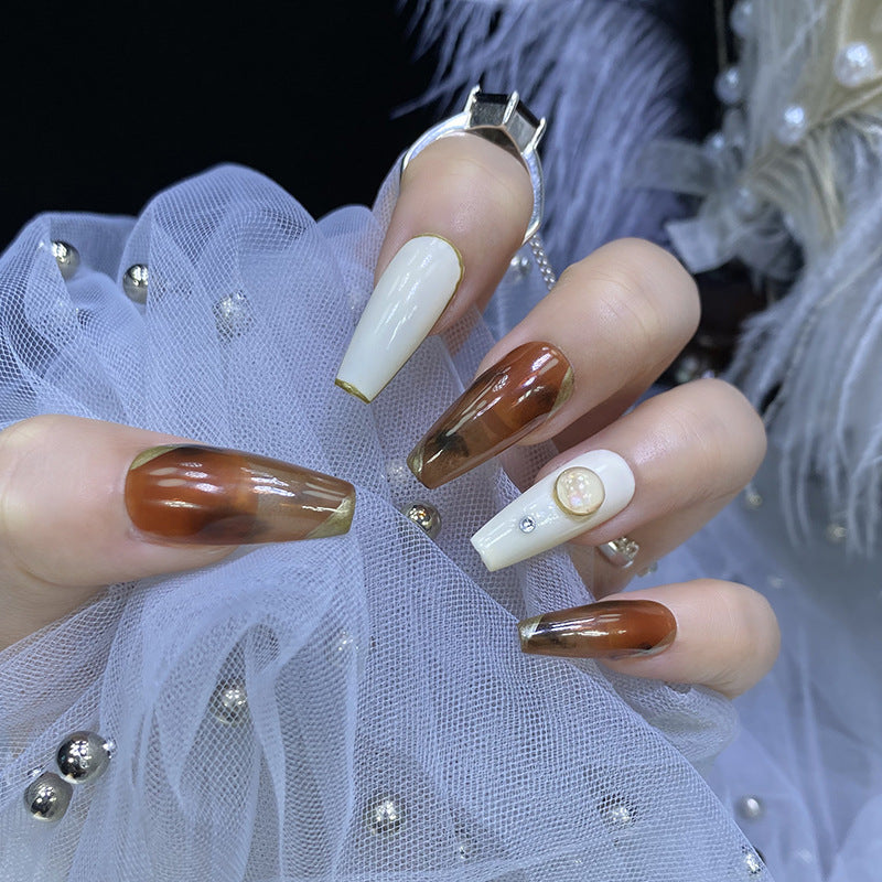 Designer: HuaHua.Handmade nails Press on Nails DIY Nail Art for woman girl Long Coffin  brown