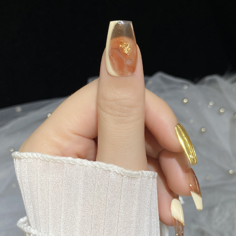 Designer: HuaHua.Handmade nails Press on Nails DIY Nail Art for woman girl Long Coffin brown gold