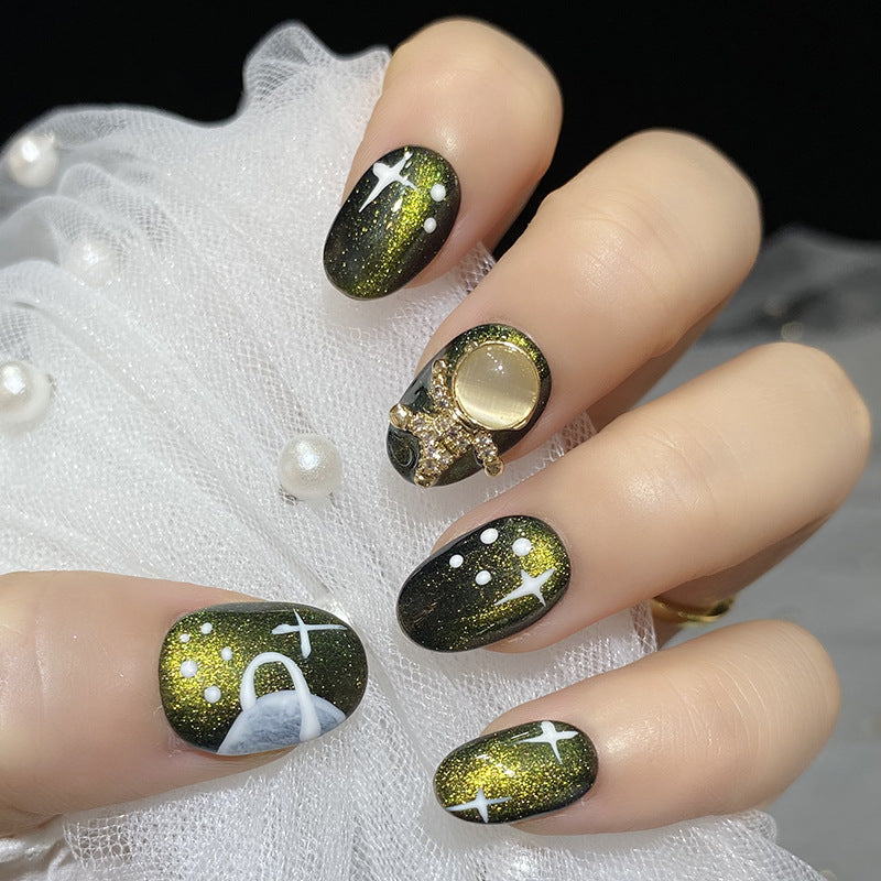 Designer: HuaHua.Handmade nails Press on Nails DIY Nail Art for woman girl Short green