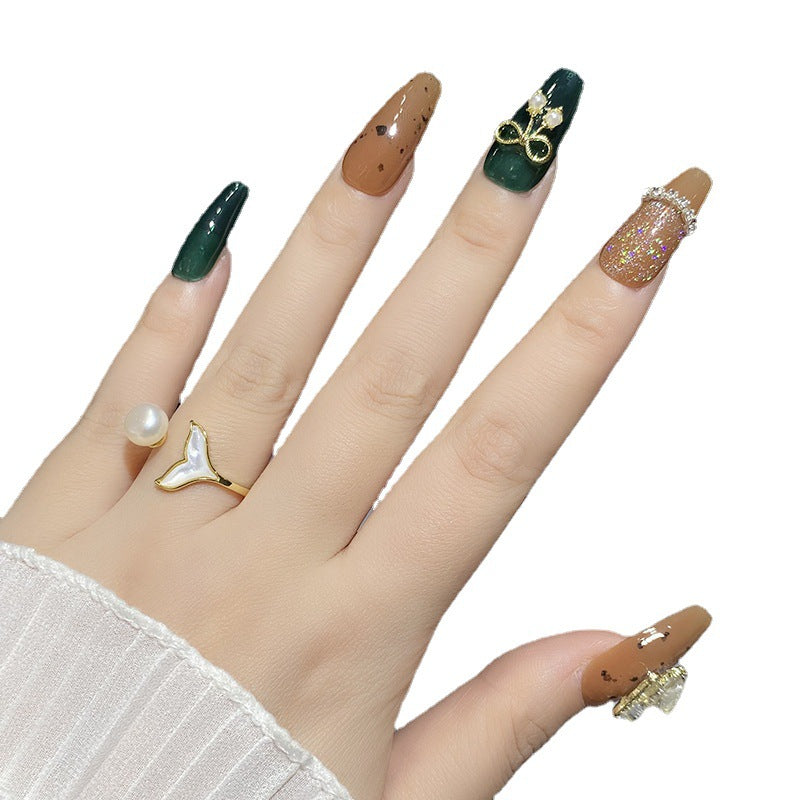 Designer: HuaHua.Handmade nails Press on Nails DIY Nail Art for woman girl Long Coffin green brown