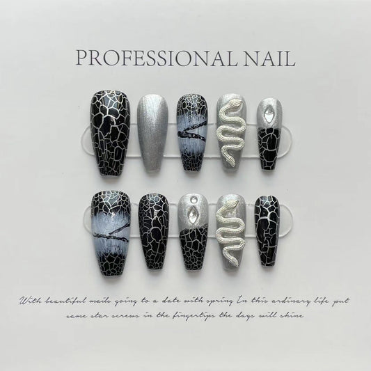 Designer: ManMan Handmade nails Press on Nails DIY Nail Art for woman girl Long Coffin black