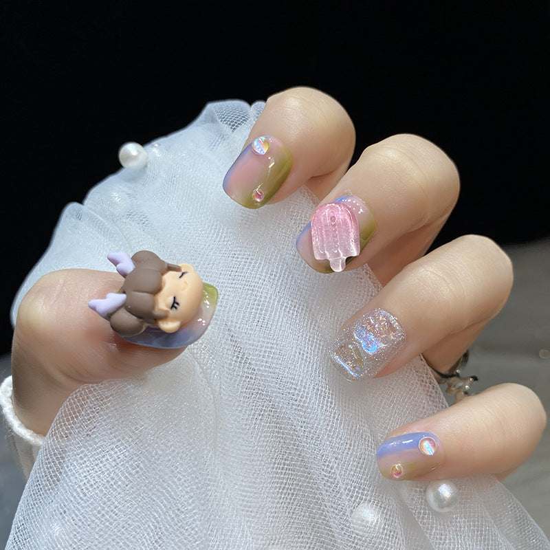 Designer: HuaHua.Handmade nails Press on Nails DIY Nail Art for woman girl Short Square Cartoon colorful