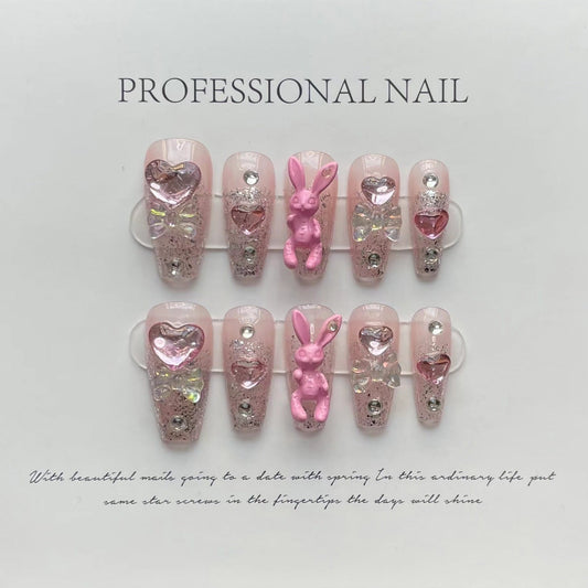 Designer: ManMan Handmade nails Press on Nails DIY Nail Art for woman girl Long Coffin pink