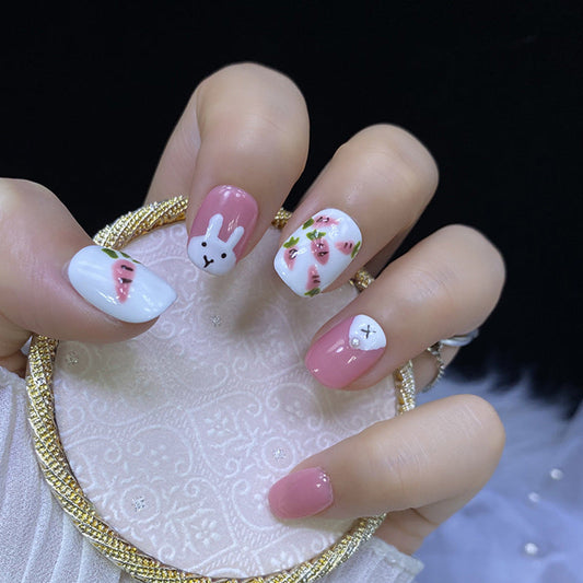 Designer: HuaHua.Handmade nails Press on Nails DIY Nail Art for woman girl Short Square pink Cartoon