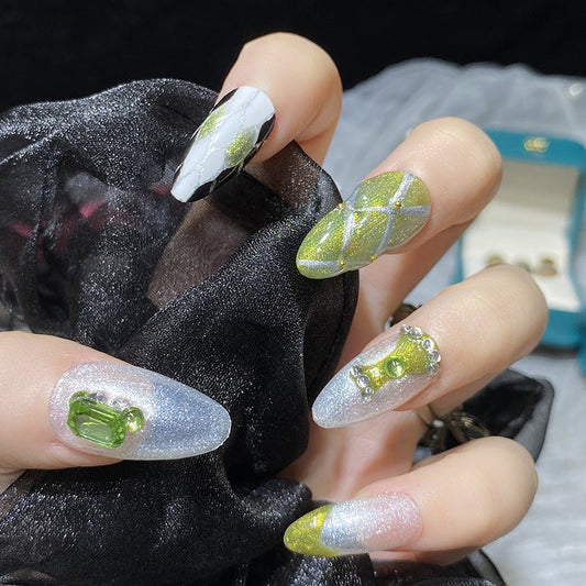 Designer: HuaHua.Handmade nails Press on Nails DIY Nail Art for woman girl Almond Long green silver