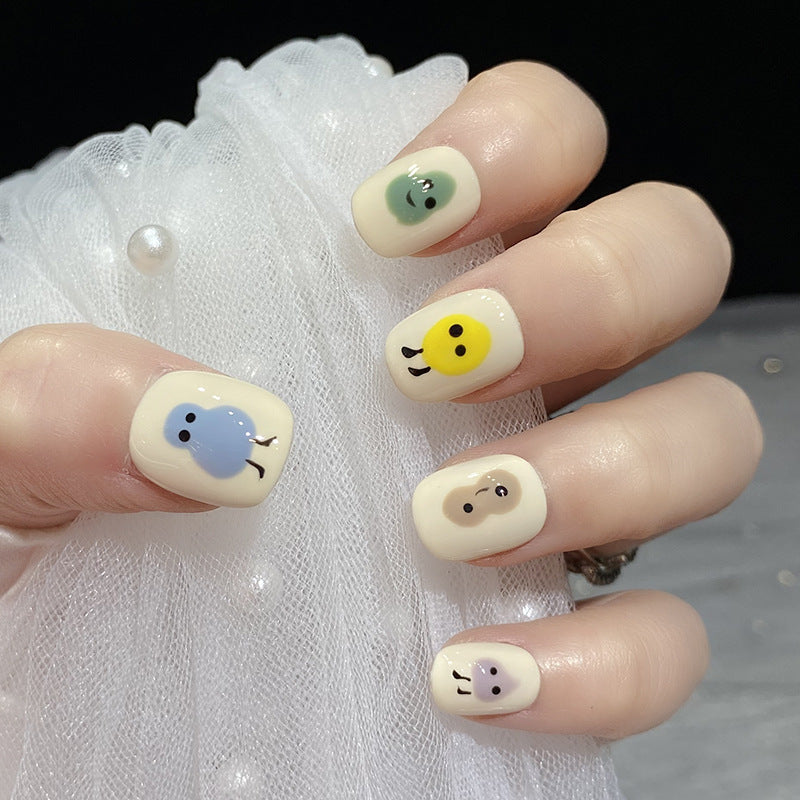 Designer: HuaHua.Handmade nails Press on Nails DIY Nail Art for woman girl Short Square Cartoon white