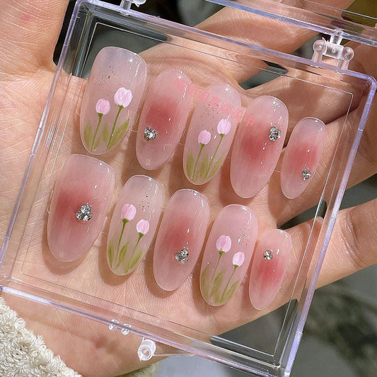 Designer: MeowMeow.Handmade Nail Designs Press on Nails DIY  Nail Art for woman girl Almond Long  pink