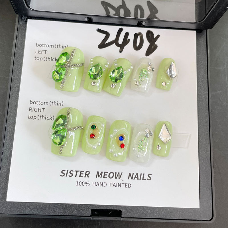 Designer: MeowMeow.Handmade Nail Designs Press on Nails DIY  Nail Art for woman girl Long Square green rhinestone