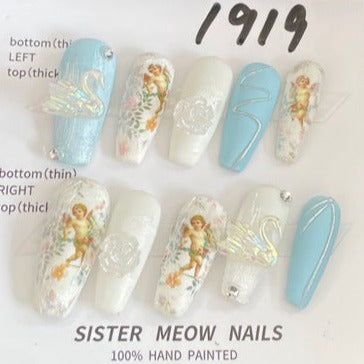 Designer: MeowMeow.Handmade Nail Designs Press on Nails DIY  Nail Art for woman girl Long Coffin blue