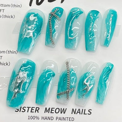 Designer: MeowMeow.Handmade Nail Designs Press on Nails DIY  Nail Art for woman girl Long Coffin blue