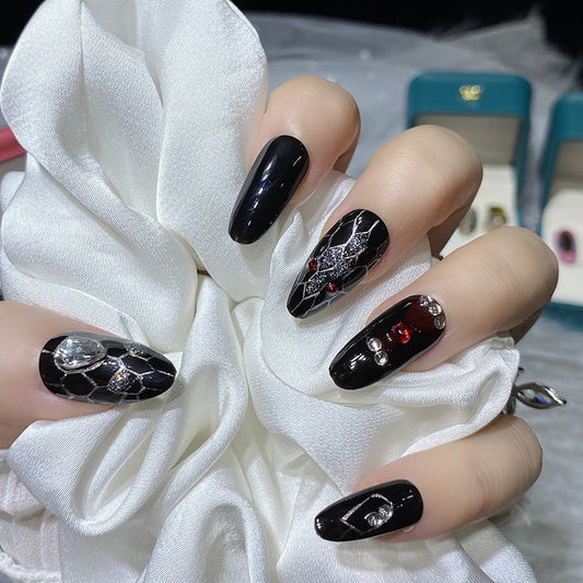 Designer: HuaHua.Handmade nails Press on Nails DIY Nail Art for woman girl Almond Long black