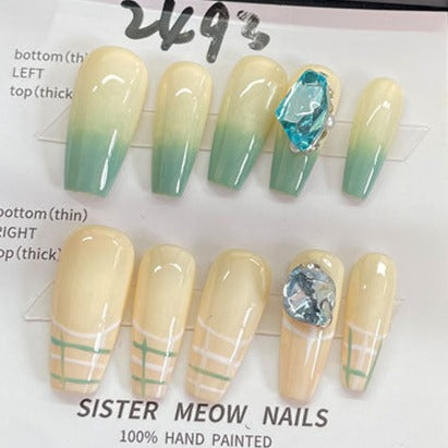 Designer: MeowMeow.Handmade Nail Designs Press on Nails DIY  Nail Art for woman girl Long Coffin green rhinestone