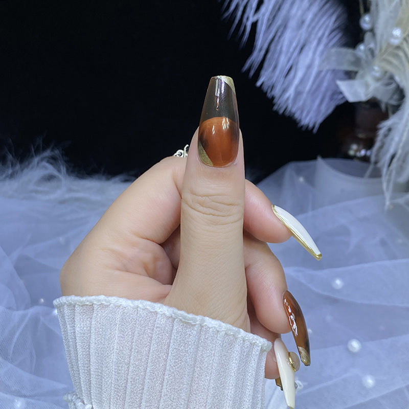 Designer: HuaHua.Handmade nails Press on Nails DIY Nail Art for woman girl Long Coffin  brown