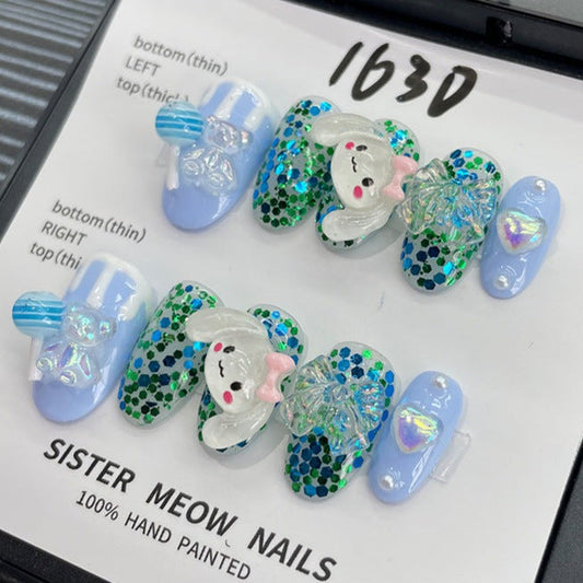 Designer: MeowMeow.Handmade Nail Designs Press on Nails DIY  Nail Art for woman girl Almond Long Cartoon blue