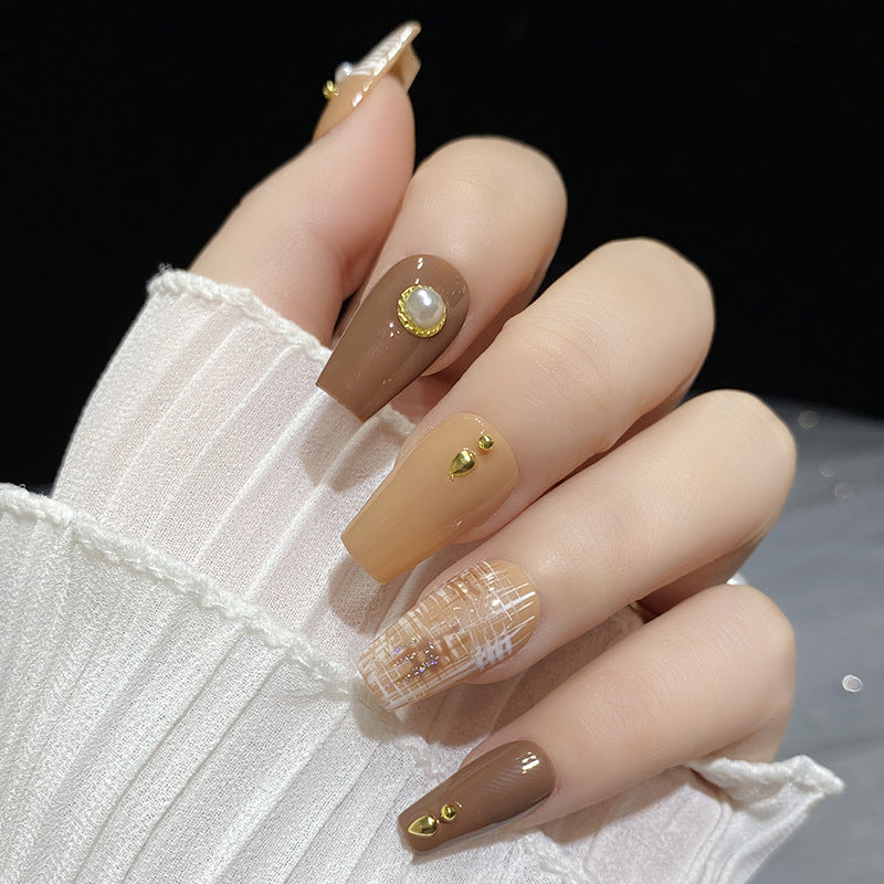 Designer: HuaHua.Handmade nails Press on Nails DIY Nail Art for woman girl Long Coffin brown