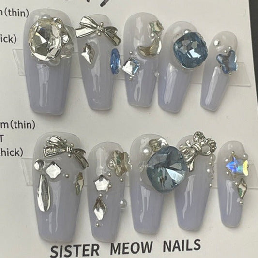 Designer: MeowMeow.Handmade Nail Designs Press on Nails DIY  Nail Art for woman girl  Long Coffin  gray rhinestone