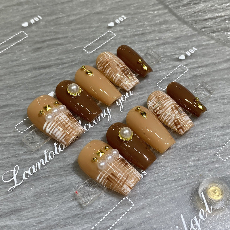 Designer: HuaHua.Handmade nails Press on Nails DIY Nail Art for woman girl Long Coffin brown