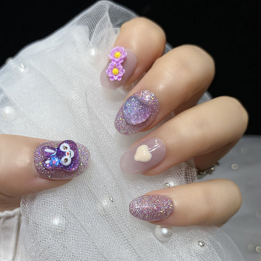 Designer: HuaHua.Handmade nails Press on Nails DIY Nail Art for woman girl Short  purple Cartoon