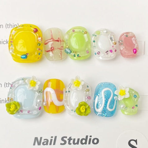 Designer: MeowMeow.2456 Handmade Nail Designs Press on Nails DIY  Nail Art for woman girl Short Square colorful Cartoon