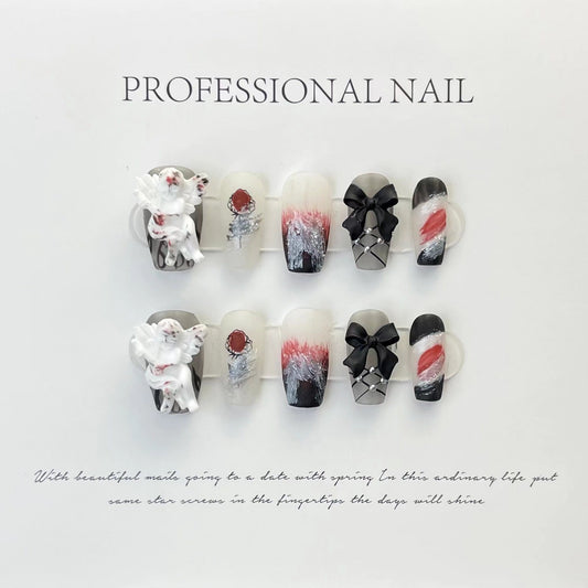 Designer: ManMan Handmade nails Press on Nails DIY Nail Art for woman girl Long Coffin black