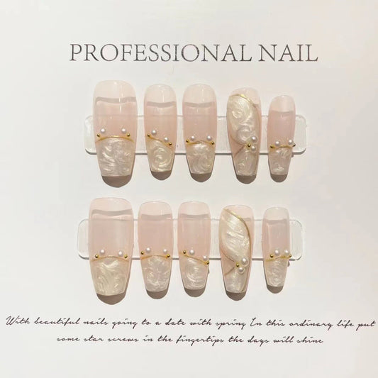 Designer: ManMan Handmade nails Press on Nails DIY Nail Art for woman girl Long Coffin pink