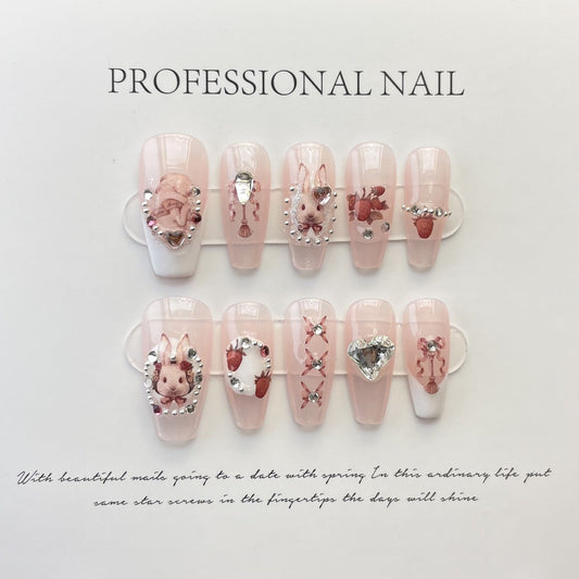 Designer: ManMan Handmade nails Press on Nails DIY Nail Art for woman girl Long Coffin pink