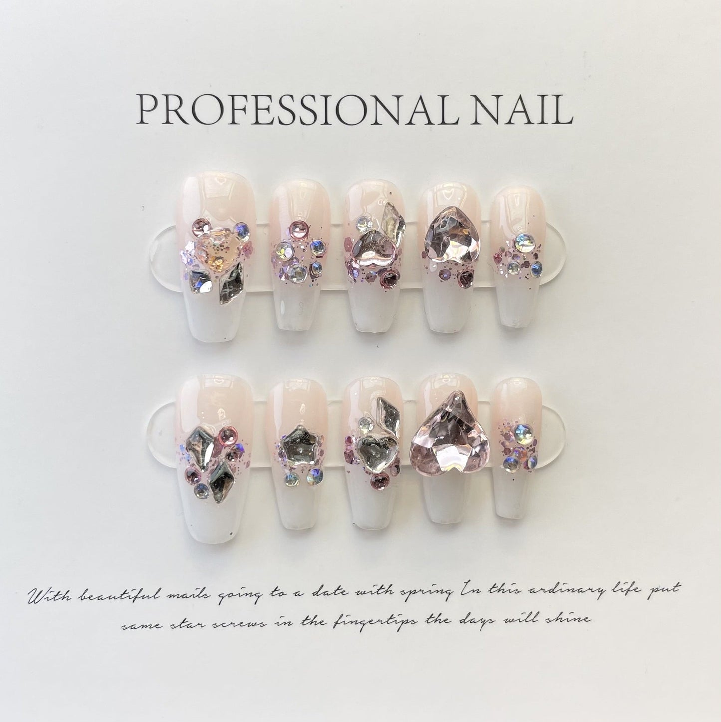 Designer: ManMan Handmade nails Press on Nails DIY Nail Art for woman girl Long Coffin pink French rhinestone