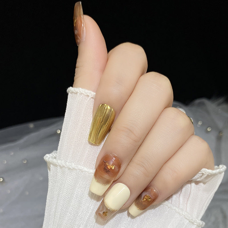 Designer: HuaHua.Handmade nails Press on Nails DIY Nail Art for woman girl Long Coffin brown gold