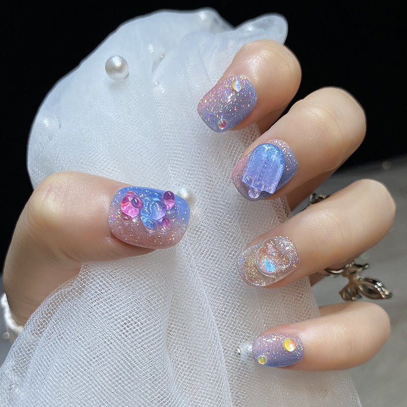 Designer: HuaHua.Handmade nails Press on Nails DIY Nail Art for woman girl Short Square blue