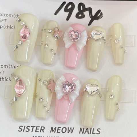 Designer: MeowMeow.Handmade Nail Designs Press on Nails DIY  Nail Art for woman girl Long Coffin pink white