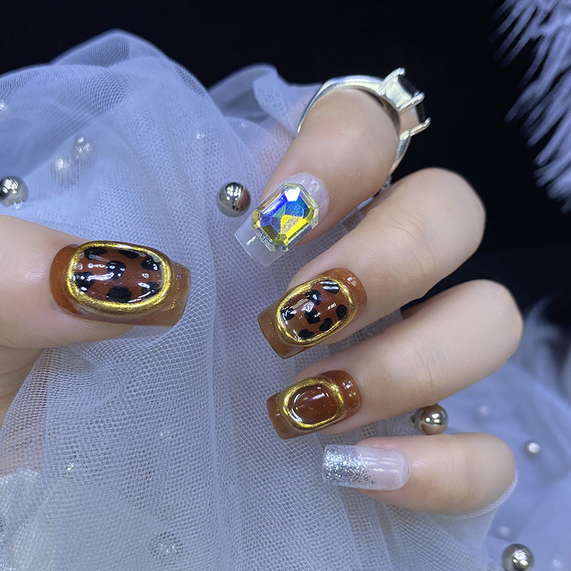 Designer: HuaHua.Handmade nails Press on Nails DIY Nail Art for woman girl Long Square brown