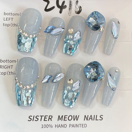 Designer: MeowMeow.Handmade Nail Designs Press on Nails DIY  Nail Art for woman girl Long Coffin blue rhinestone