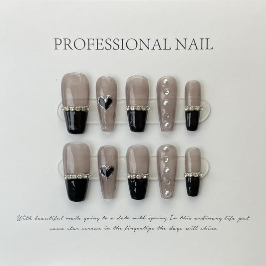 Designer: ManMan Handmade nails Press on Nails DIY Nail Art for woman girl Long Coffin gray