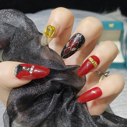 Designer: HuaHua.Handmade nails Press on Nails DIY Nail Art for woman girl Almond Long red