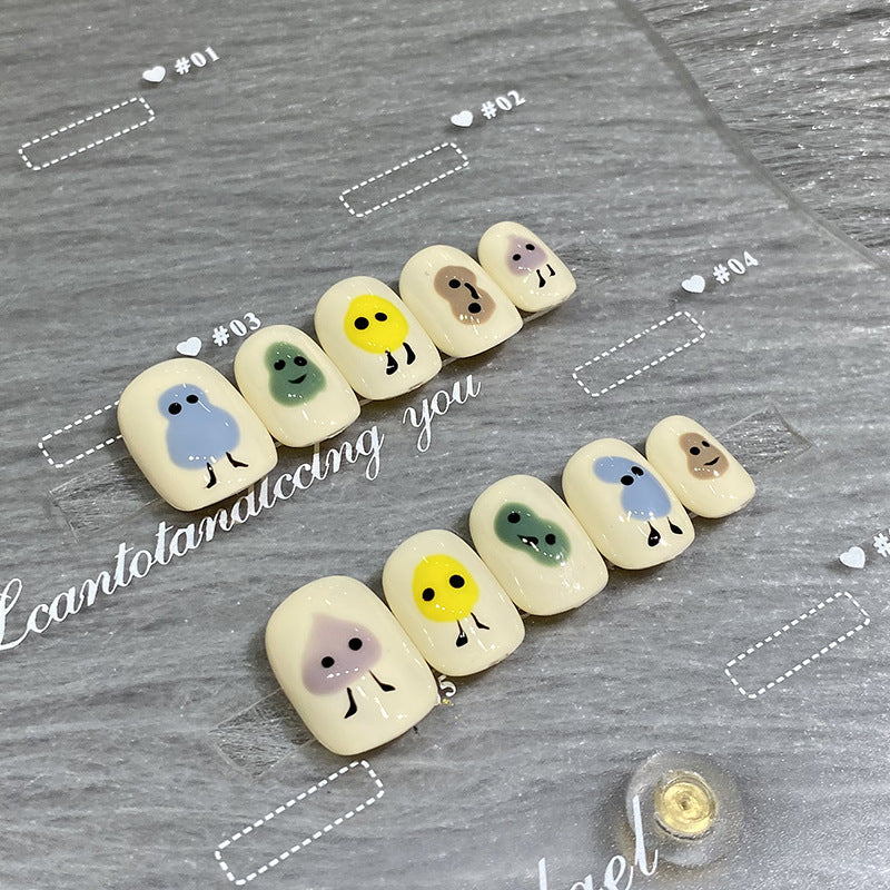 Designer: HuaHua.Handmade nails Press on Nails DIY Nail Art for woman girl Short Square Cartoon white