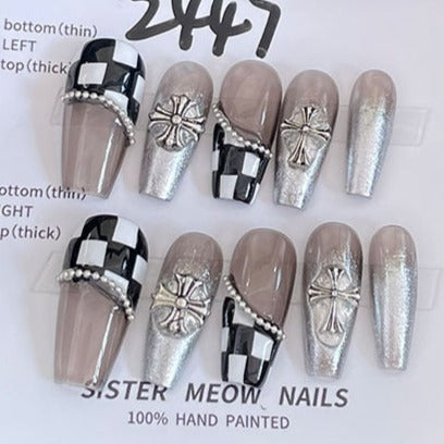 Designer: MeowMeow.Handmade Nail Designs Press on Nails DIY  Nail Art for woman girl Long Coffin brown silver