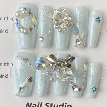 Designer: MeowMeow.2956 Handmade Nail Designs Press on Nails DIY  Nail Art for woman girl Long Coffin blue