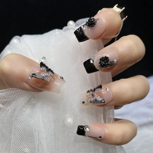 Designer: HuaHua.Handmade nails Press on Nails DIY Nail Art for woman girl Long Coffin pink black